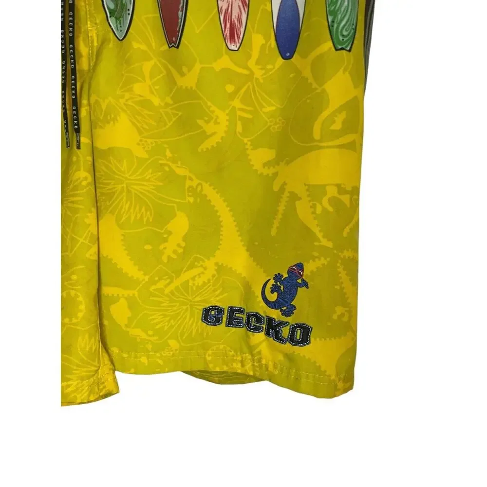 VTG Gecko Hawaii Swimming Trunk y2k 90s Novelty Yellow Beach Printed Lizard L